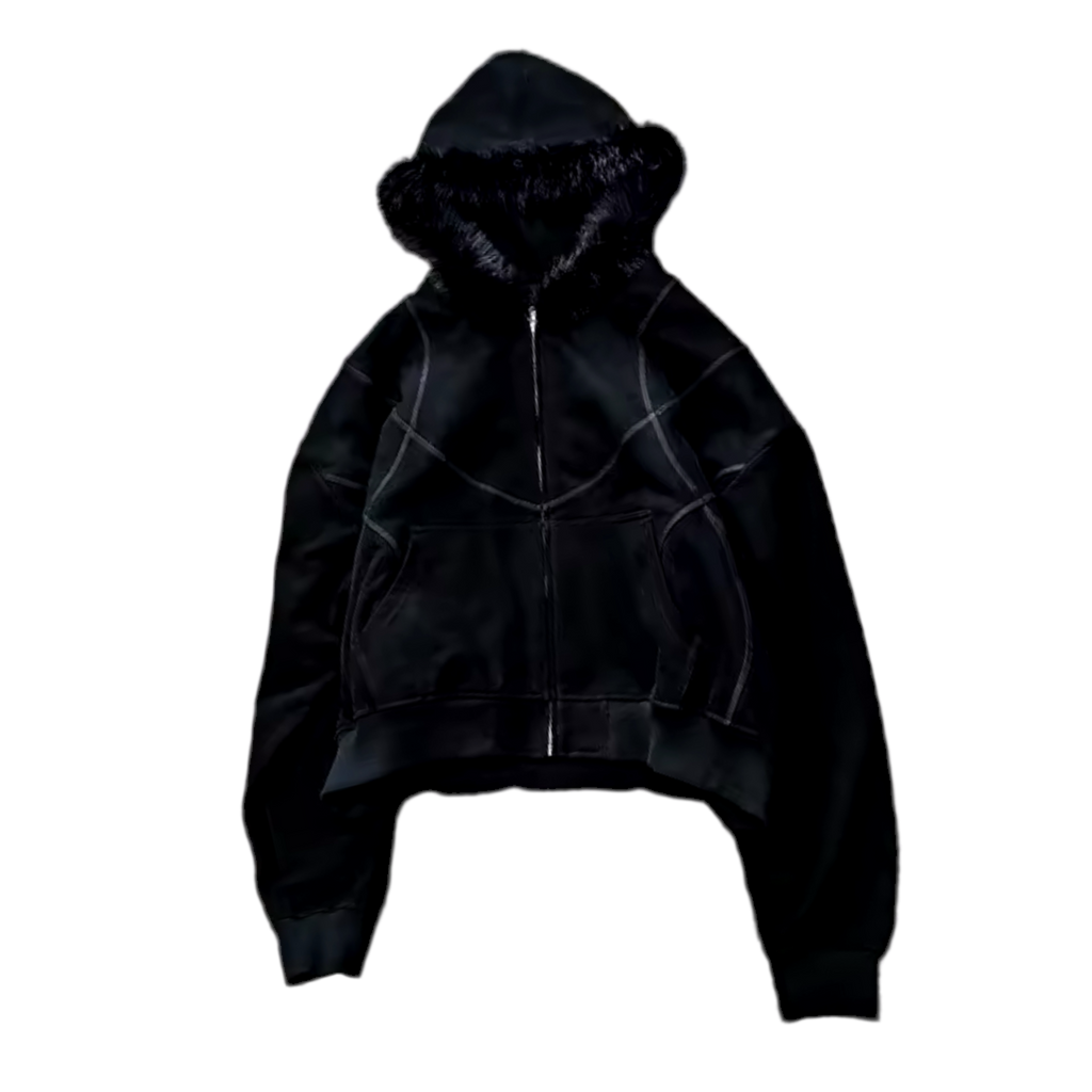 EMBROIDERED FURRY HOOD ZIP UP
