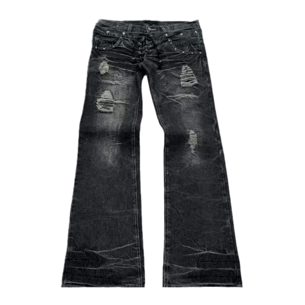 BLACK RIPPED FLARED DENIM